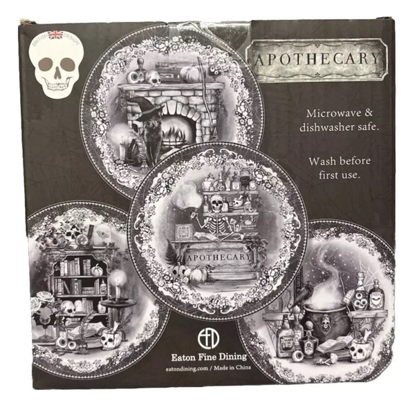 Eaton Fine Dining Halloween Apothecary Gothic Fun 8” Plates New Boxed Set of 4 - Picture 3 of 10